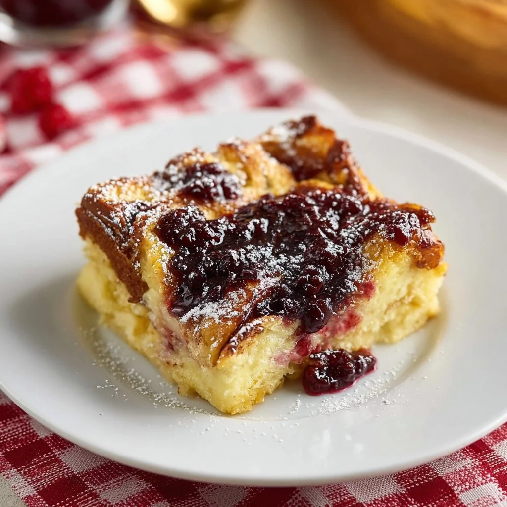 Delicious Monte Cristo French Toast Casserole topped with powdered sugar and berries