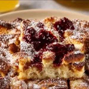 Monte Cristo French toast casserole baked dish with layers of ham and cheese