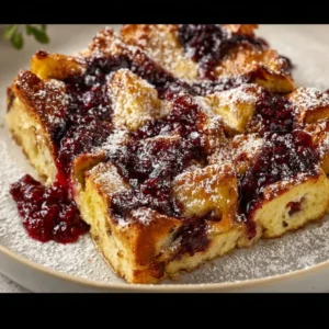 Delicious Monte Cristo French Toast Casserole baked and ready to serve