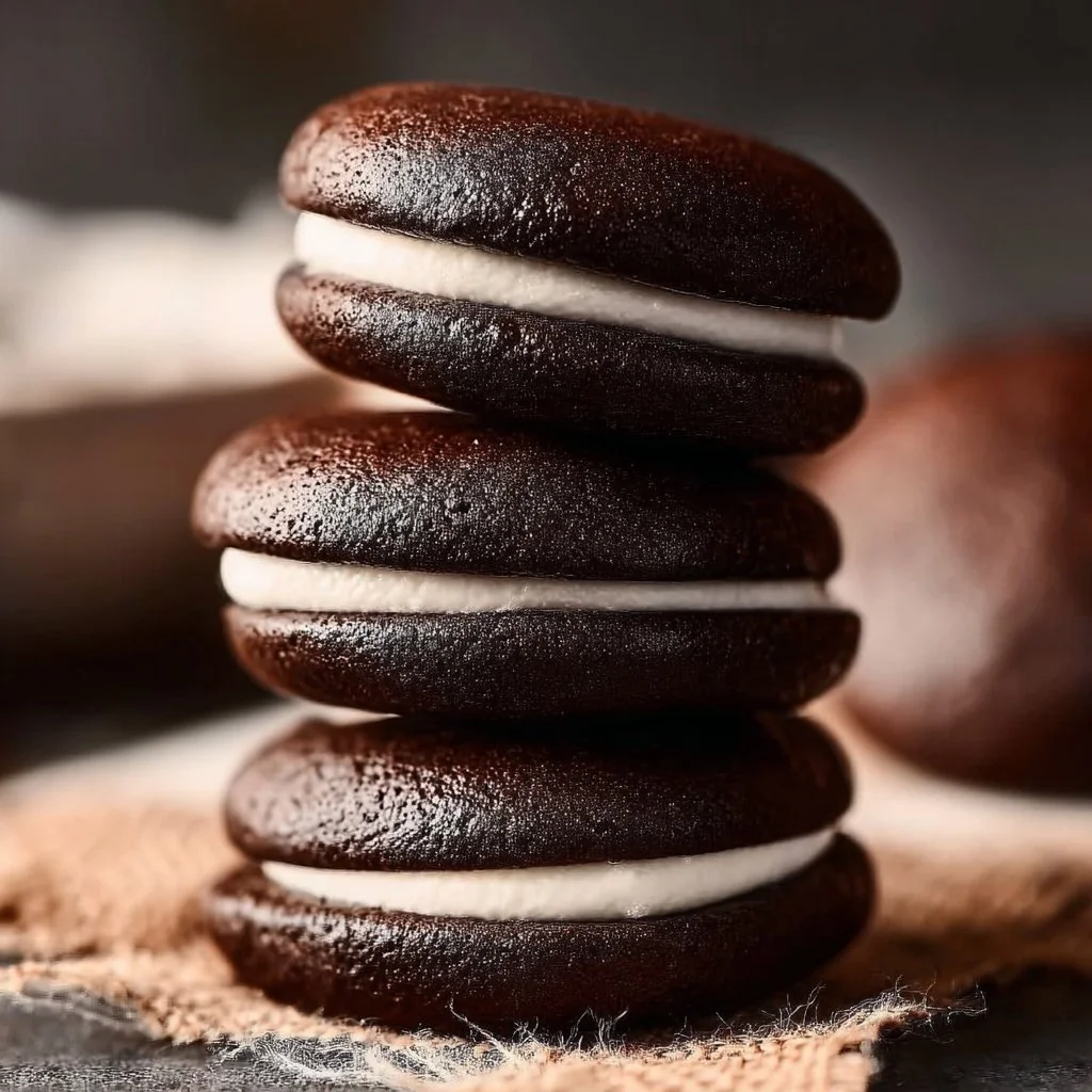 Delicious chocolate whoopie pies stacked on a plate, perfect for dessert.