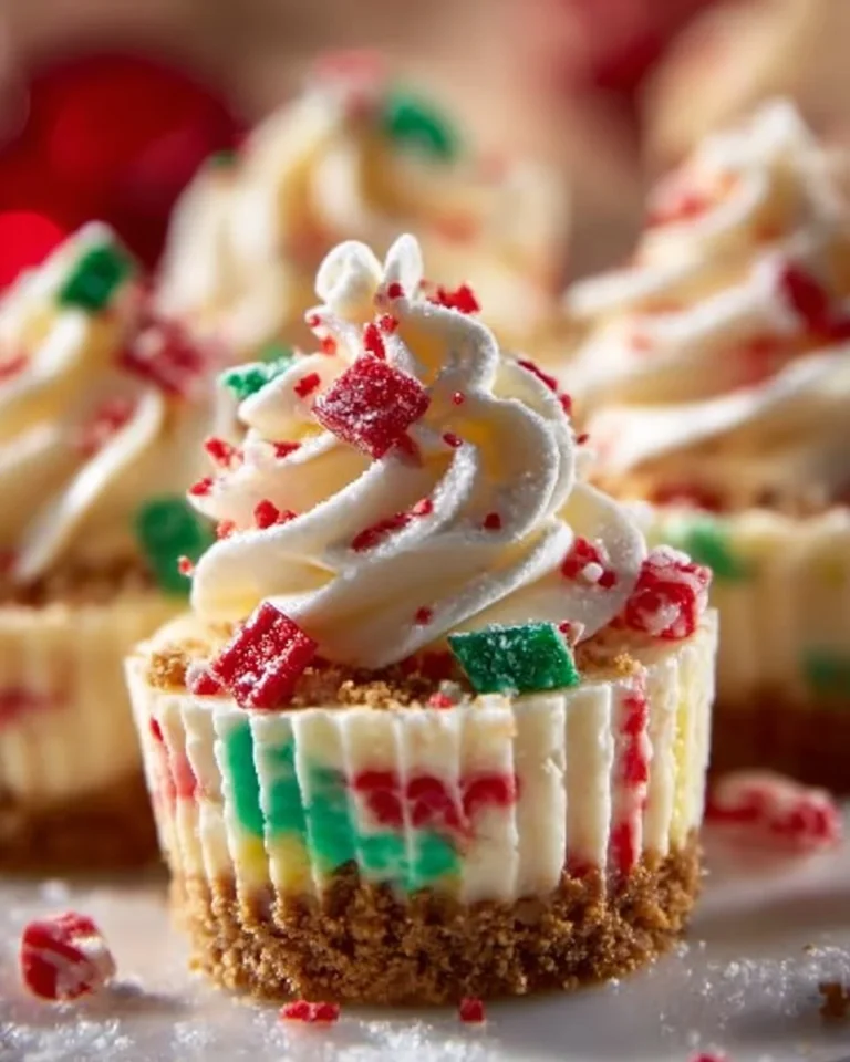 No Bake Christmas Mini Cheesecakes topped with festive decorations