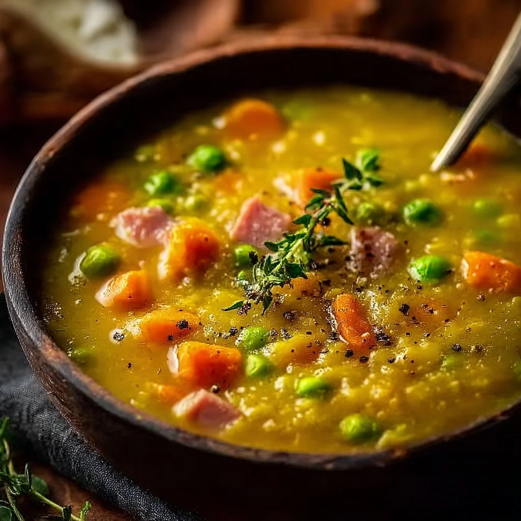Bowl of nourishing split pea soup served with fresh herbs and bread.