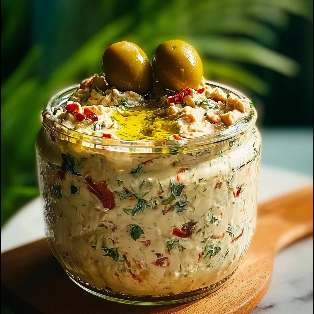 Creamy and zesty olive dip served in a bowl with fresh herbs