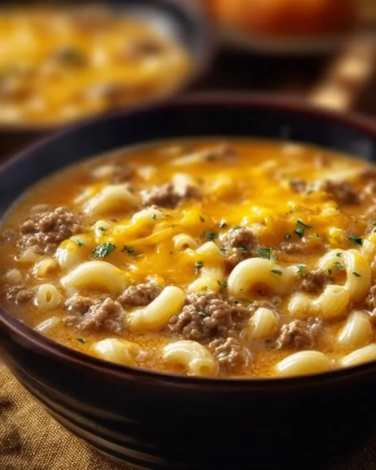 Bowl of hearty One-Pot Macaroni Cheeseburger Soup topped with cheese and herbs