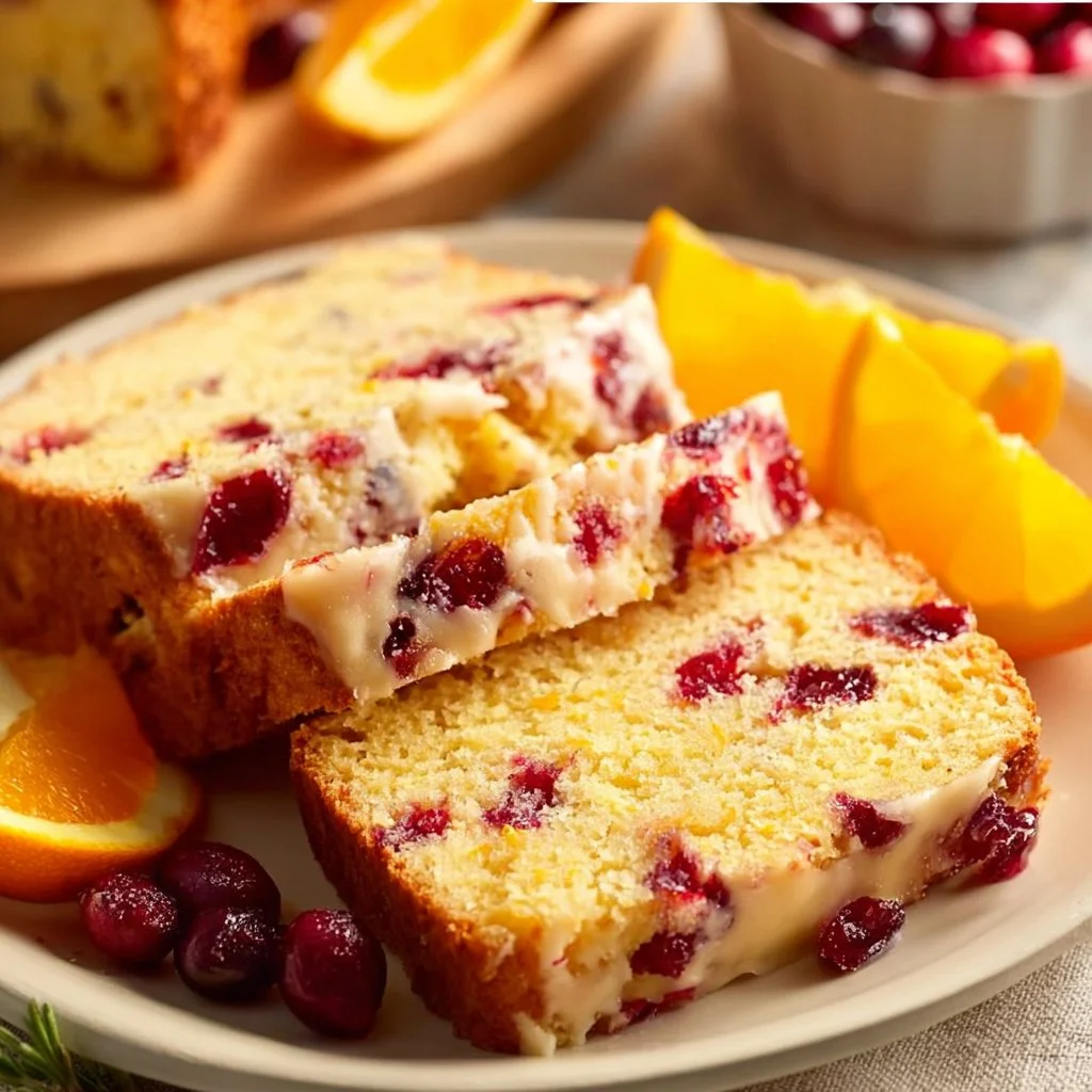 Slice of orange cranberry bread garnished with fresh cranberries and orange zest.