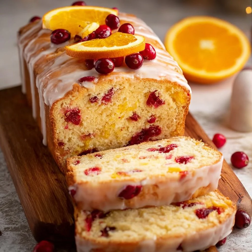 Loaf of Orange Cranberry Bread with a slice showing vibrant fruit.