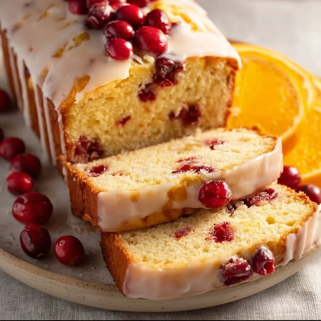 Sliced orange cranberry bread with cranberries and orange zest on a wooden board