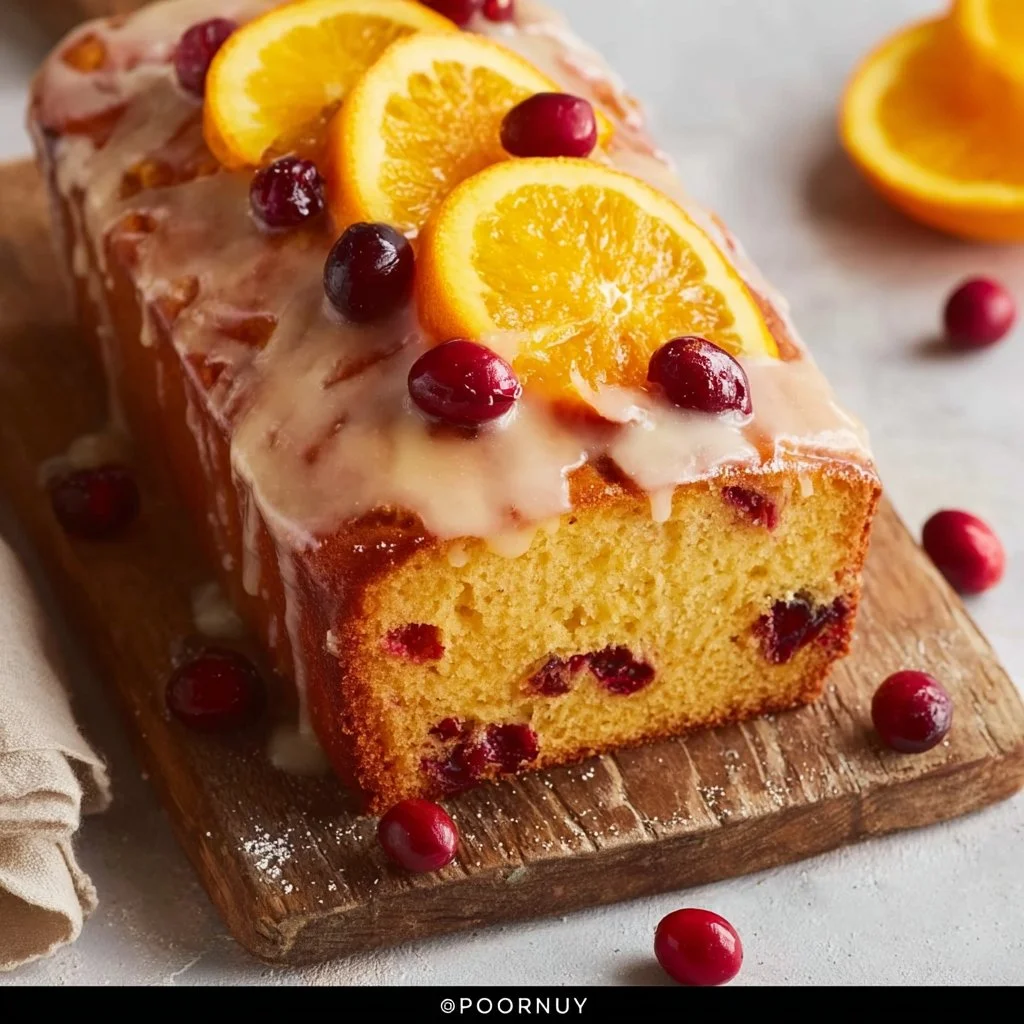 Sliced Orange Cranberry Bread on a wooden board with orange slices