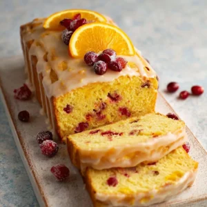 Slice of orange cranberry bread on a wooden cutting board