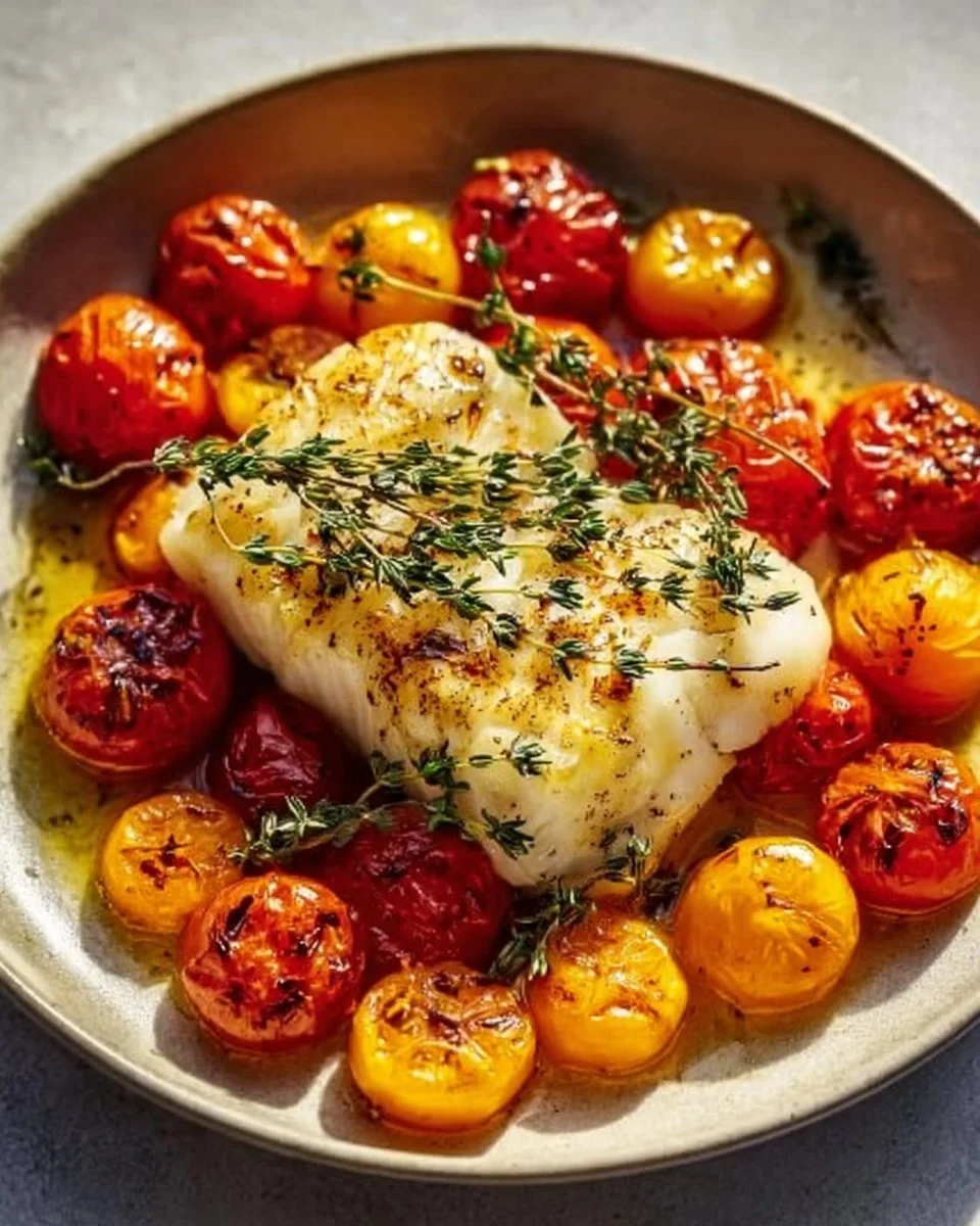 Oven-roasted cod with cherry tomatoes and thyme on a serving plate