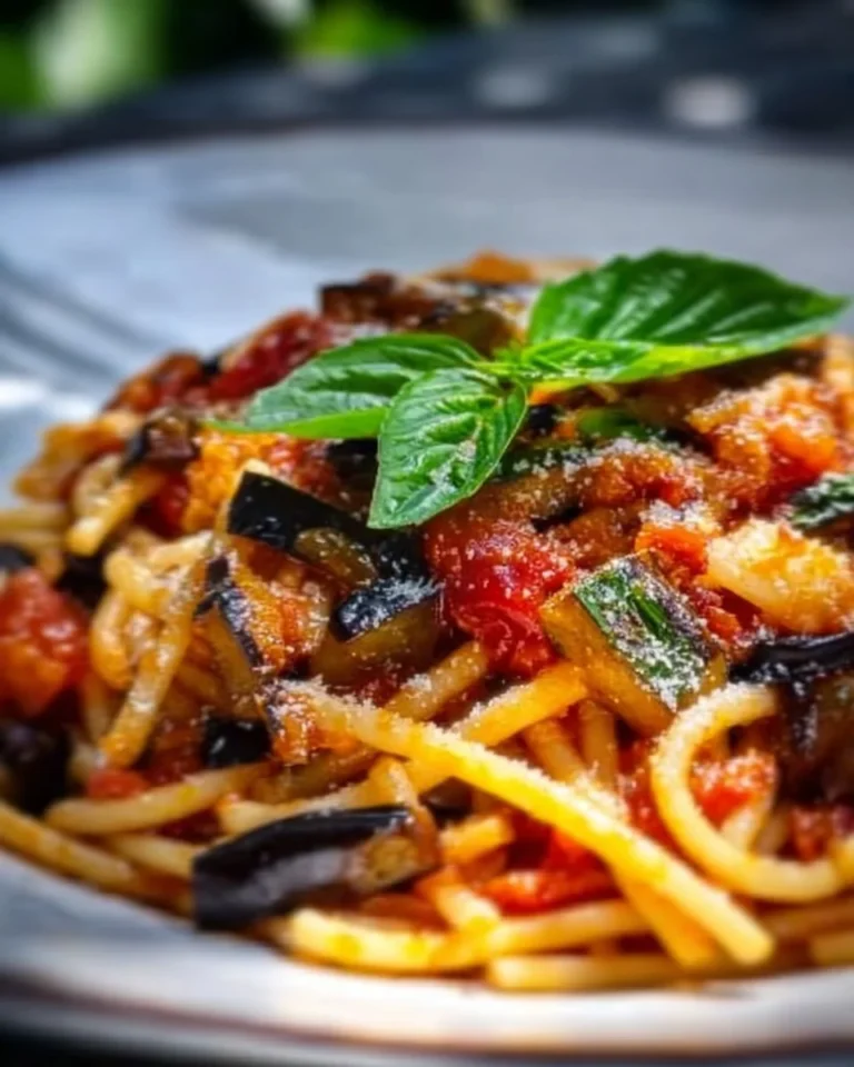 A plate of Pasta alla Norma with eggplant and ricotta cheese.