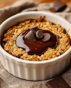 Delicious peanut butter and chocolate baked oats served in a bowl