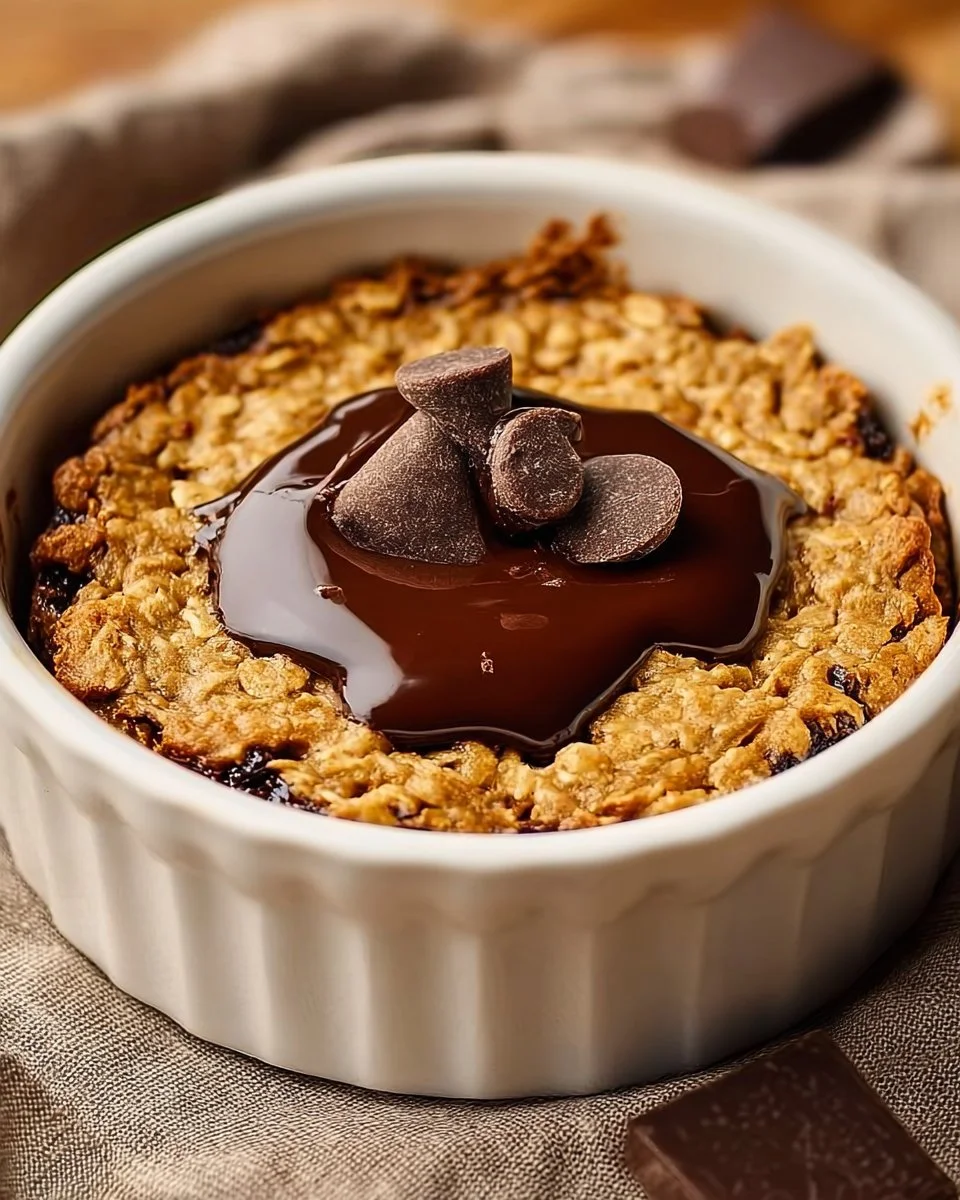 Delicious peanut butter and chocolate baked oats served in a bowl