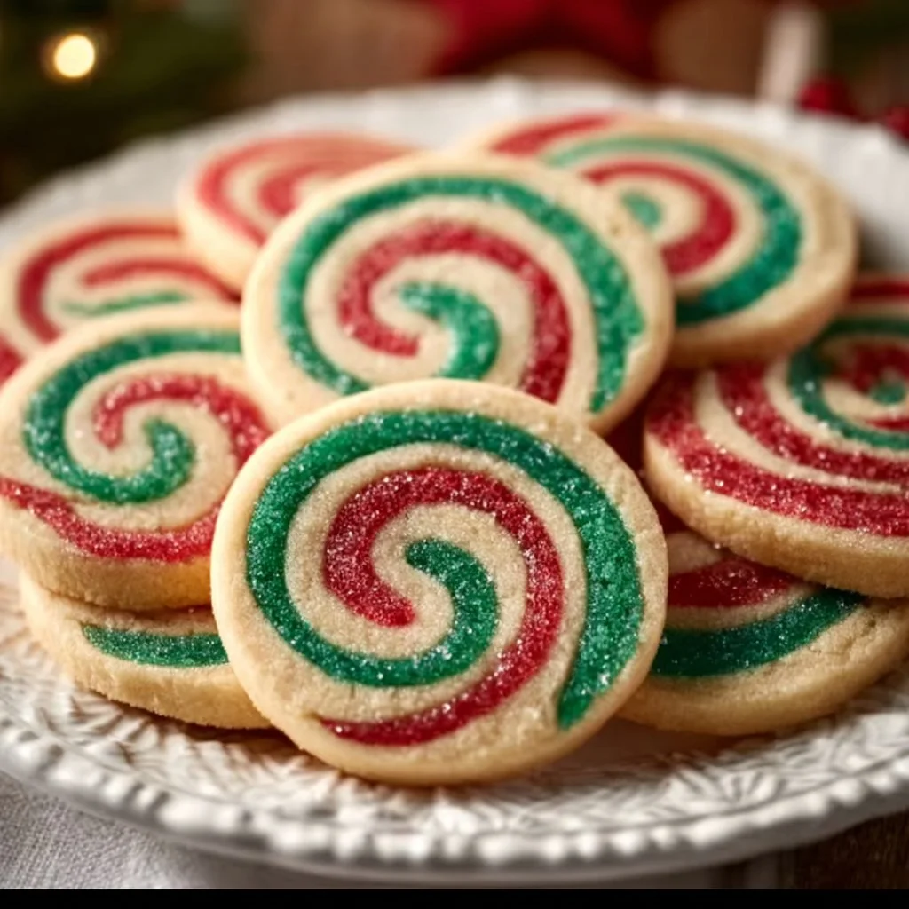 Delicious Christmas Pinwheel Cookies arranged beautifully on a festive plate.