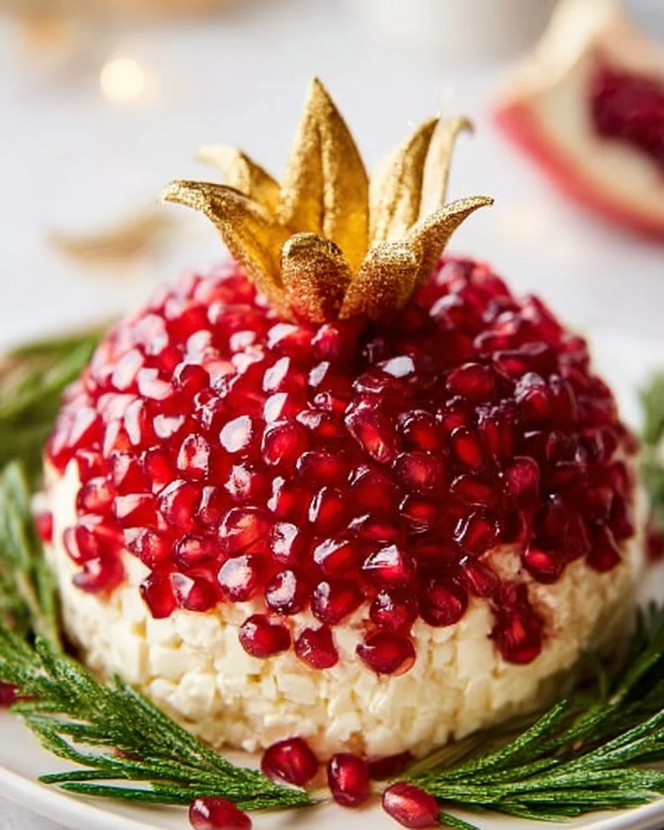 Festive Pomegranate Christmas Cheese Ball served on a holiday platter