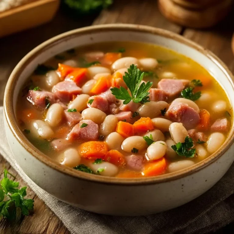 Bowl of quick ham and bean soup garnished with herbs