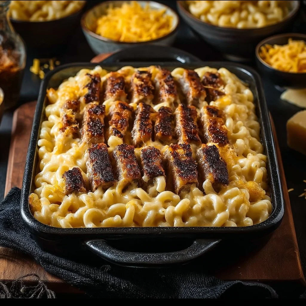 Rib Cage Mac & Cheese Halloween dish with spooky decorations