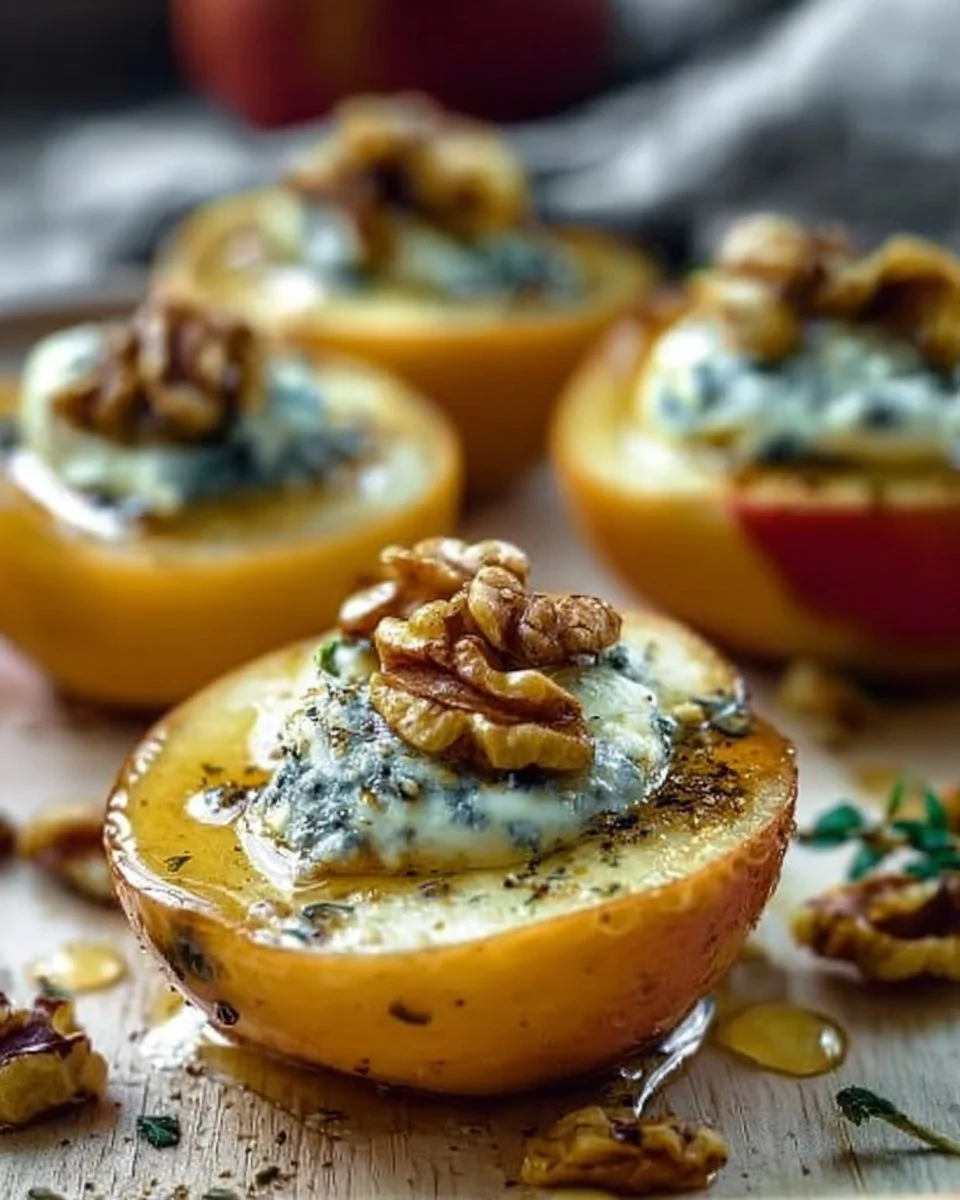 Roasted apples with blue cheese and honey served on a plate