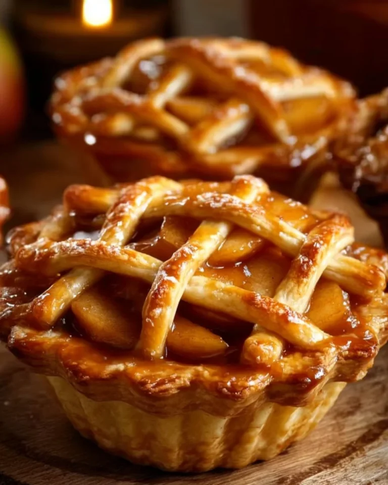 Salted caramel apple mini pies on a rustic table, showcasing delicious dessert.
