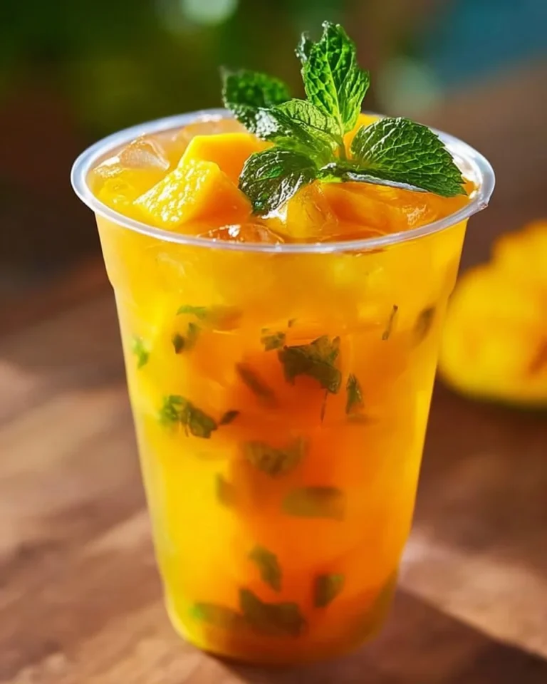 Glass of homemade mango iced tea with tropical fruits
