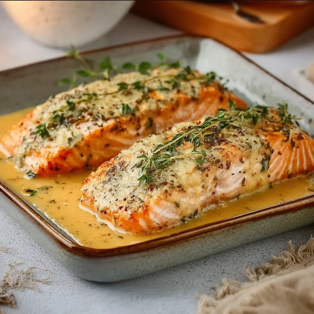 Savory baked salmon with creamy cheese crust on a plate