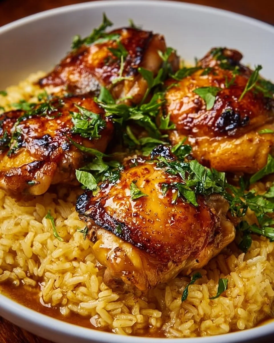 Savory chicken thighs with rice in one-pan dinner