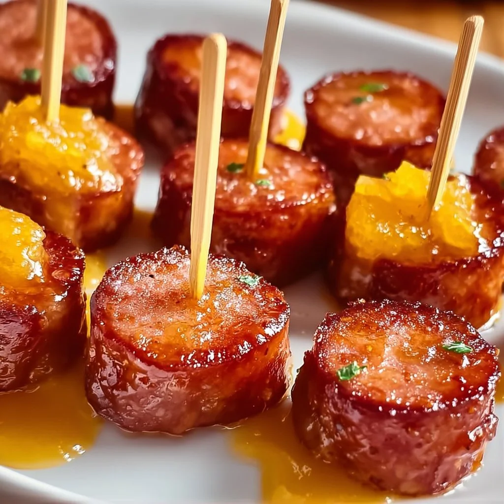 Savory kielbasa bites served on skewers with sweet pineapple chunks.