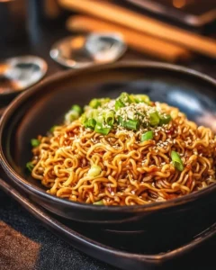 A bowl of savory TikTok Ramen topped with green onions and boiled eggs.