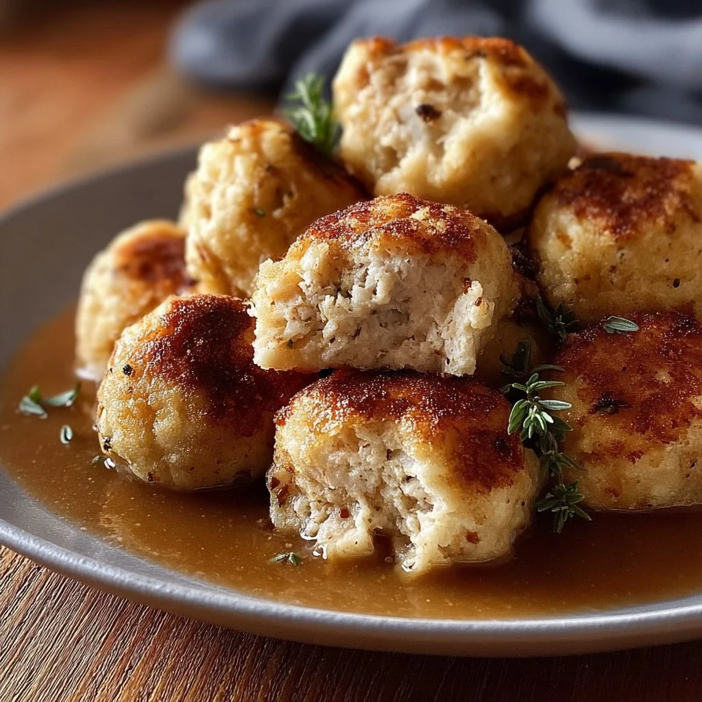 Savory turkey stuffing balls served on a plate for a cozy meal at home.