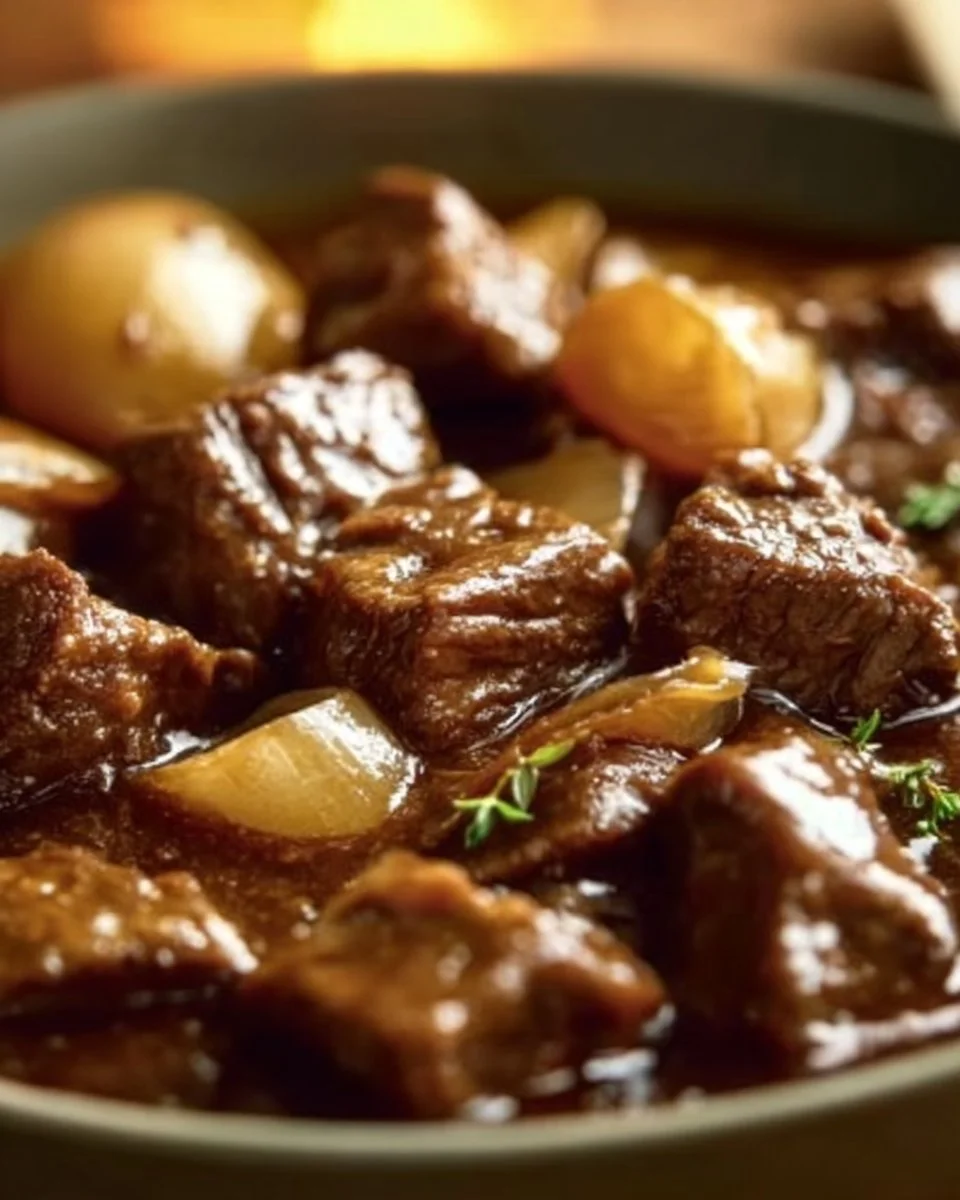 Delicious slow-cooked beef in onion sauce served in a bowl for comfort food