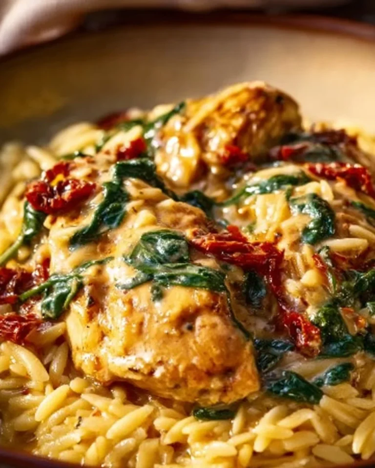 Slow Cooker Creamy Tuscan Chicken Orzo dish served in a bowl