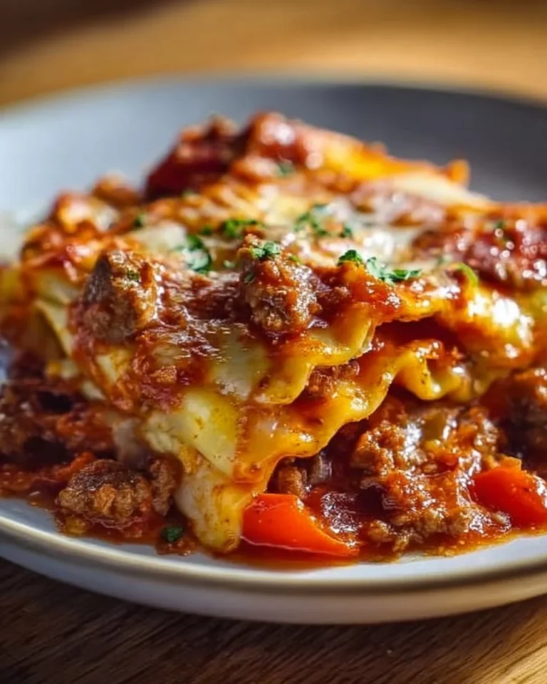 Slow Cooker Sausage and Peppers Ravioli Lasagna topped with cheese and herbs