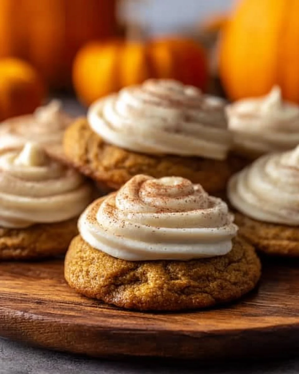 Delicious soft pumpkin cookies with creamy cinnamon frosting on a plate.