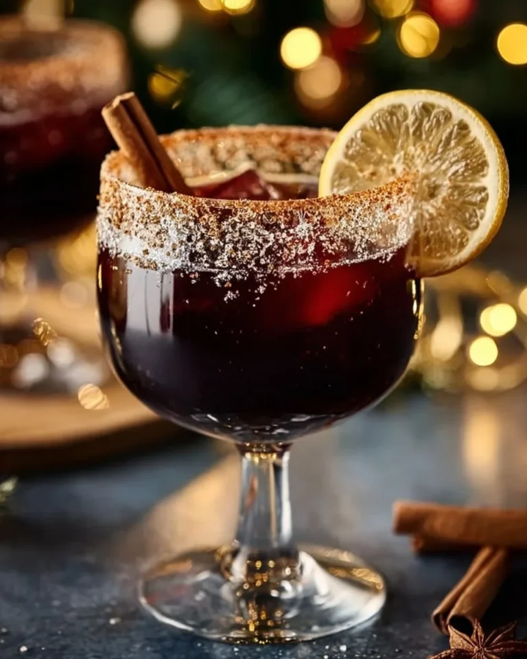 Festive Spiced Christmas Margarita in a glass with holiday decorations.