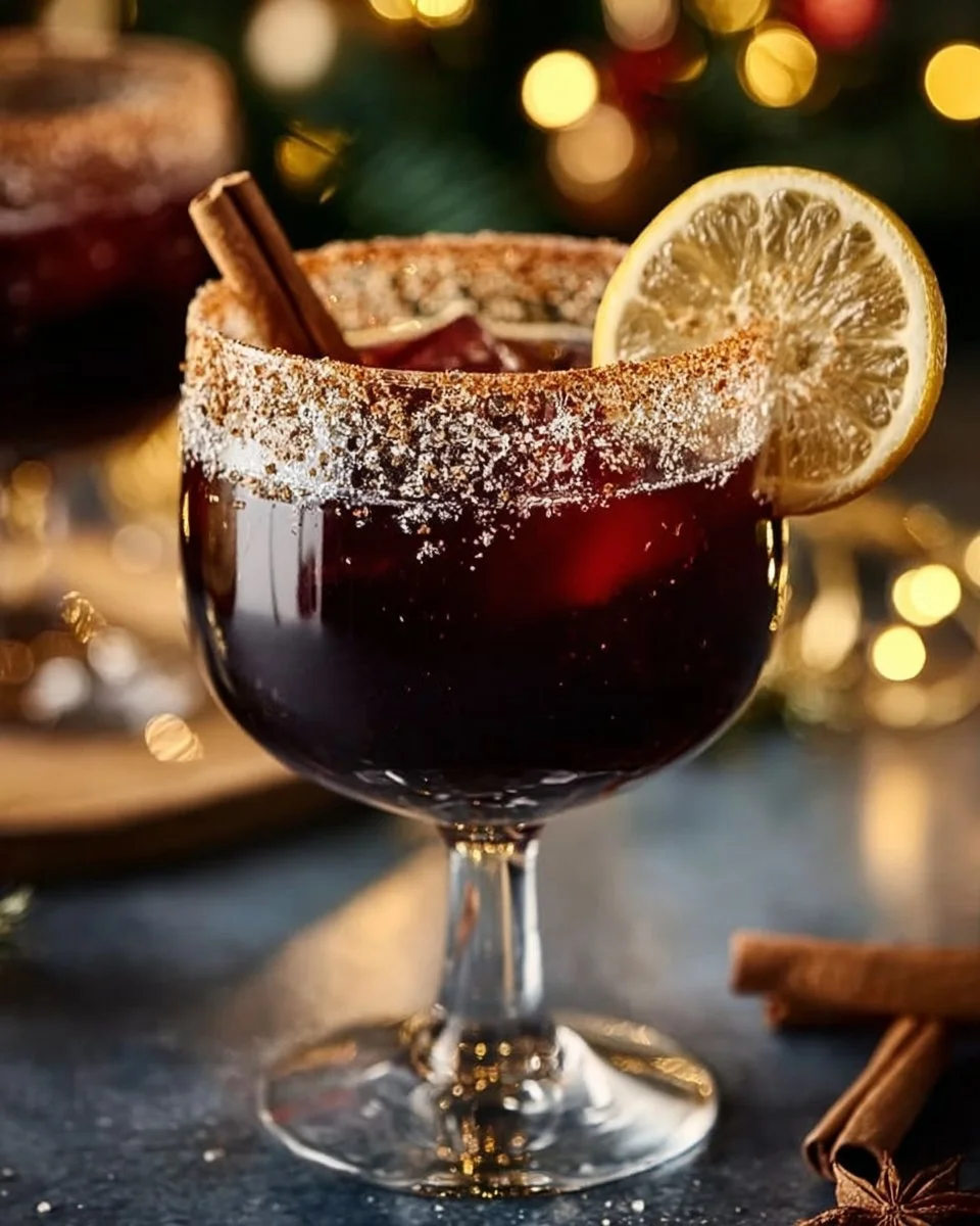 Festive Spiced Christmas Margarita in a glass with holiday decorations.