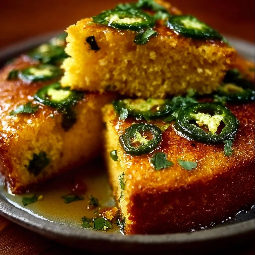 Spicy sweet jalapeño cornbread with lime on a wooden board