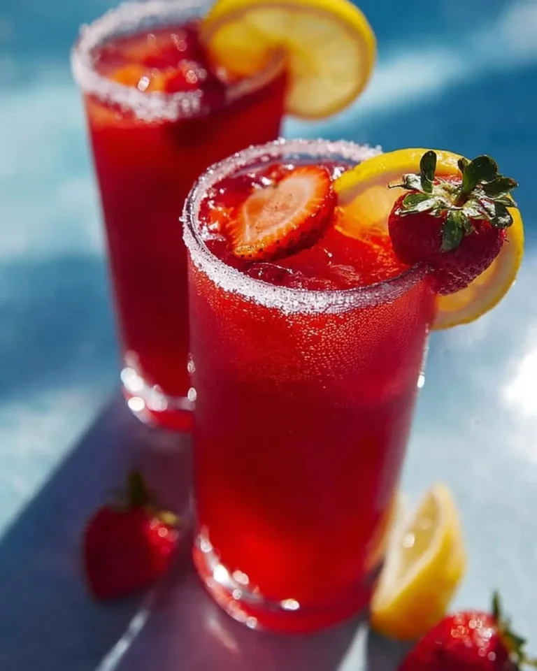 A colorful cup of strawberry hibiscus tea garnished with fresh strawberries and hibiscus flowers.