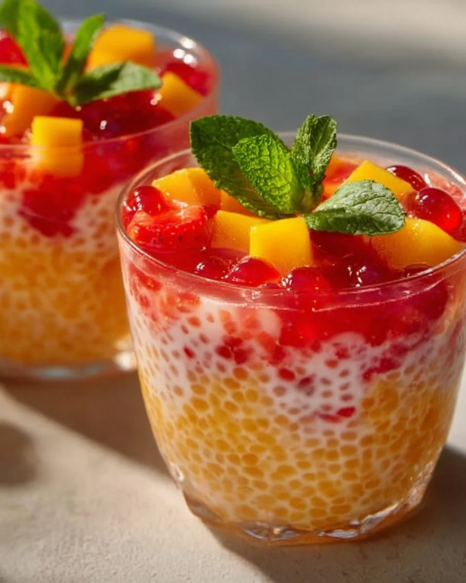 Delicious bowl of Strawberry Mango Sago dessert with fresh strawberries and mango.