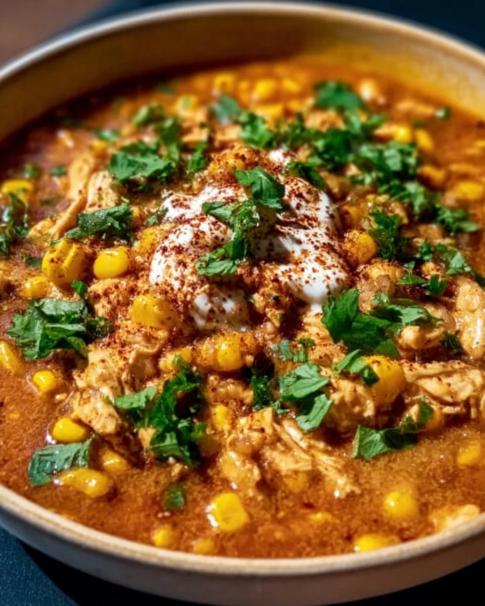 Delicious Street Corn Chicken Chili served in a bowl with toppings