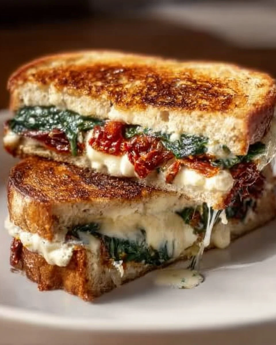 Sun-dried tomato spinach ricotta grilled cheese sandwich on a plate.