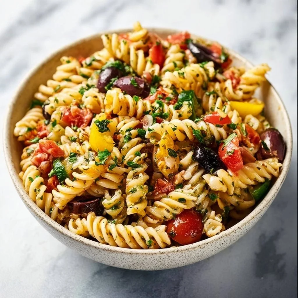 Vibrant summer pasta salad with fresh vegetables and herbs