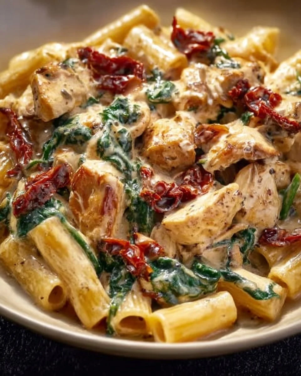 Creamy Tuscan Chicken Pasta served in a bowl with herbs and vegetables