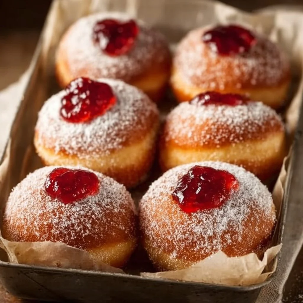 Delicious sufganiyot topped with powdered sugar, showcasing jelly-filled donuts.