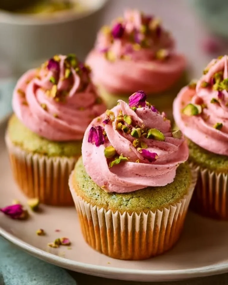 Vegan Rose Pistachio Mini Cupcakes garnished with edible rose petals and pistachios