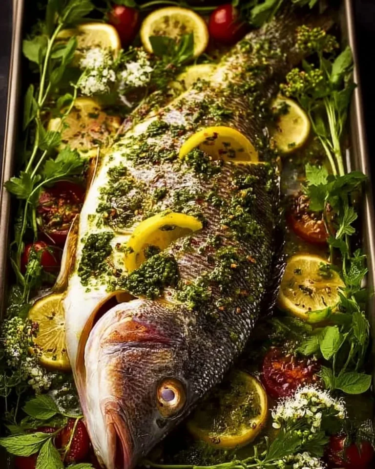 Whole baked fish seasoned with garlic and dill butter, ready to serve.