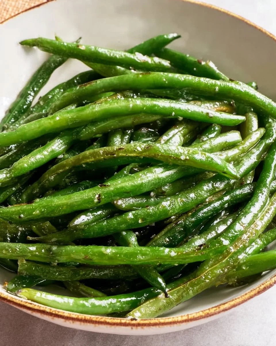 Crispy air fryer green beans served on a plate with seasoning