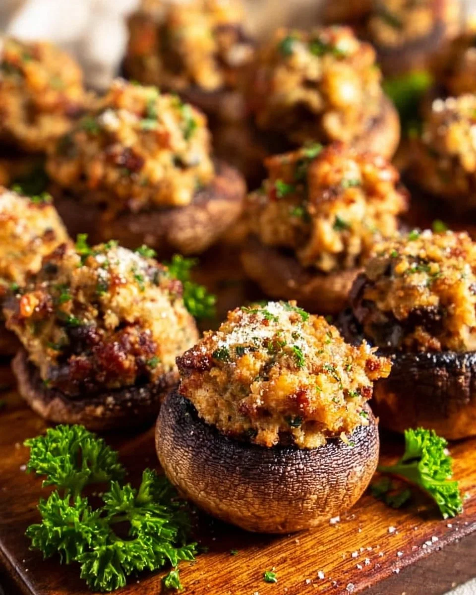 Air fryer sausage stuffed mushrooms served on a plate