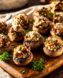 Air Fryer Sausage Stuffed Mushrooms garnished with herbs