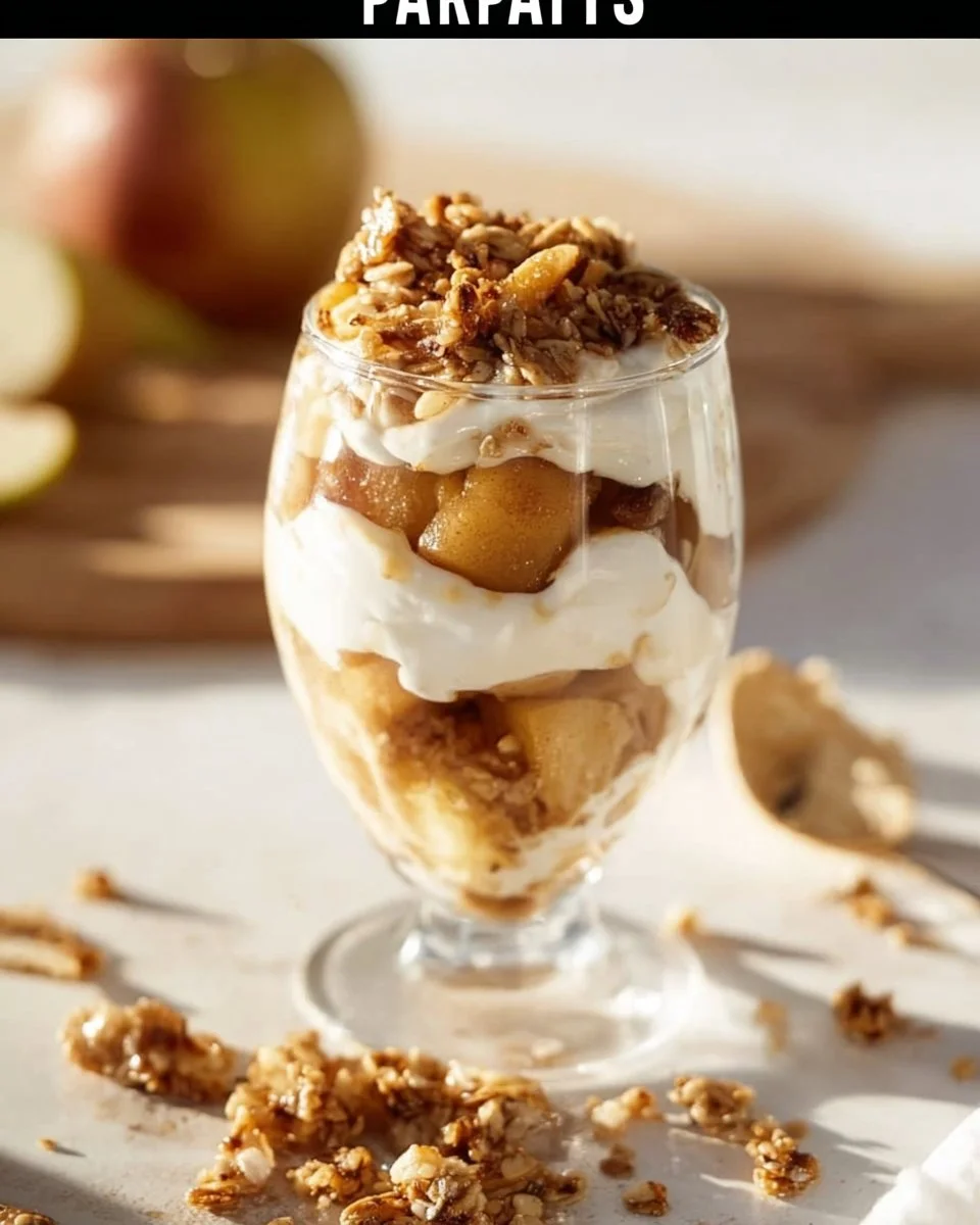 Apple Crisp Cheesecake Parfait layered with creamy cheesecake and crunchy apple crisp.