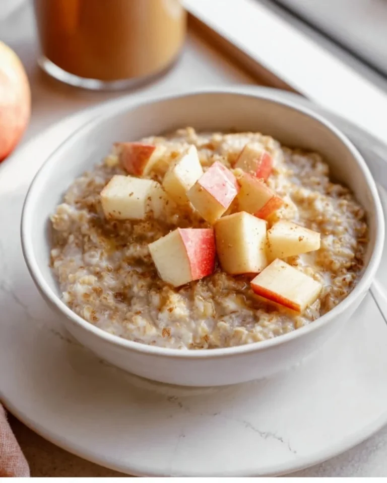 Bowl of Apple Steel Cut Oatmeal topped with fresh apples and cinnamon